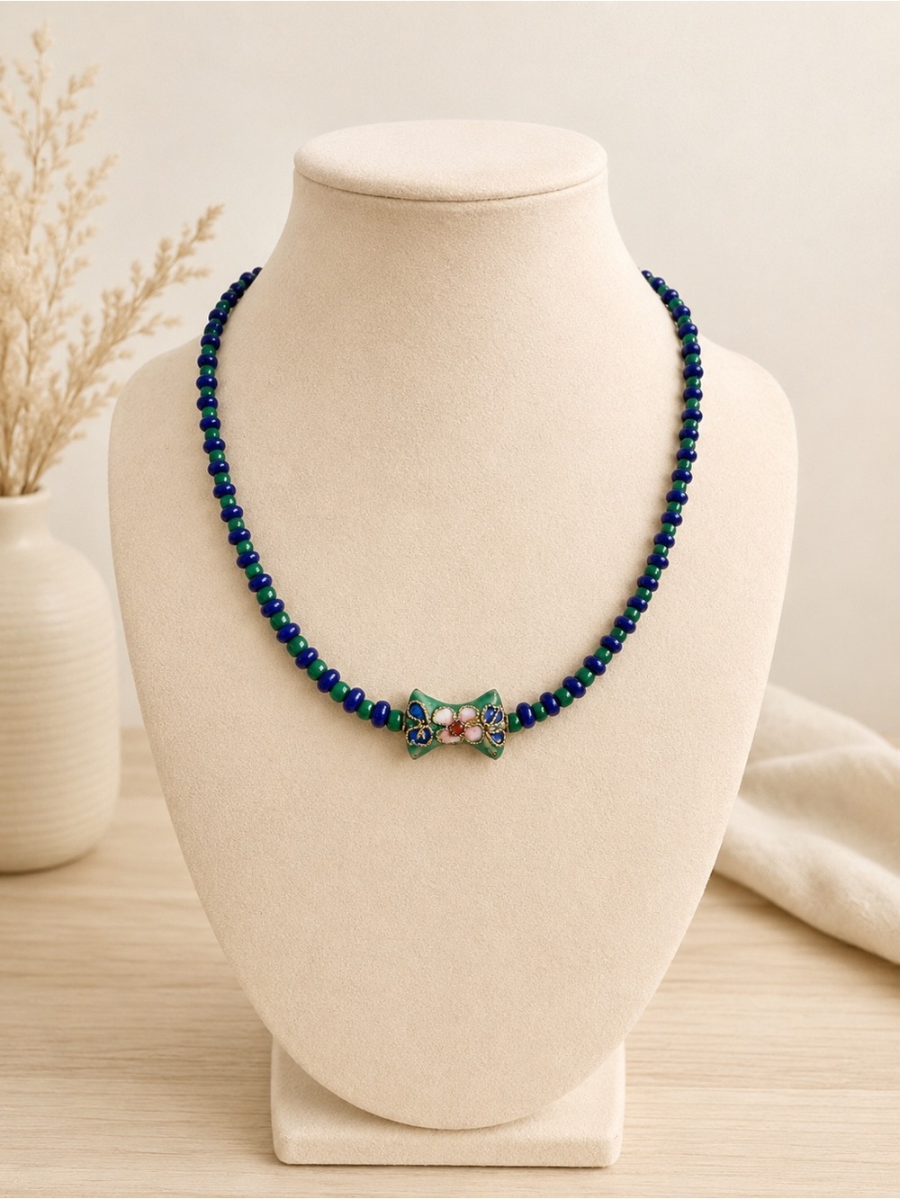 Handmade Blue Green Beaded Necklace Floral Bow Pendant Artisan Jewelry